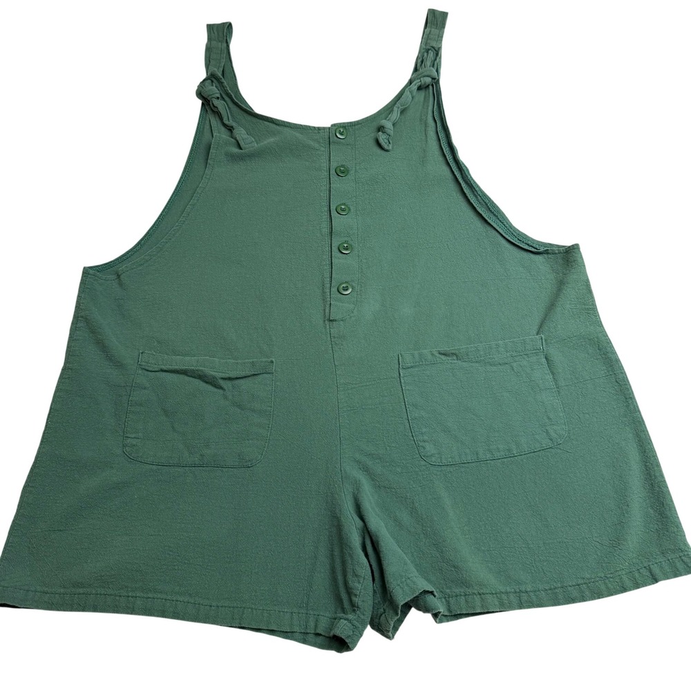Handmade Green‎ Shortall Romper Button Front Knot Tie Straps Boho Cottagecore L